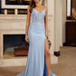 Glitter Stretch Satin Prom Dress with Spaghetti Straps