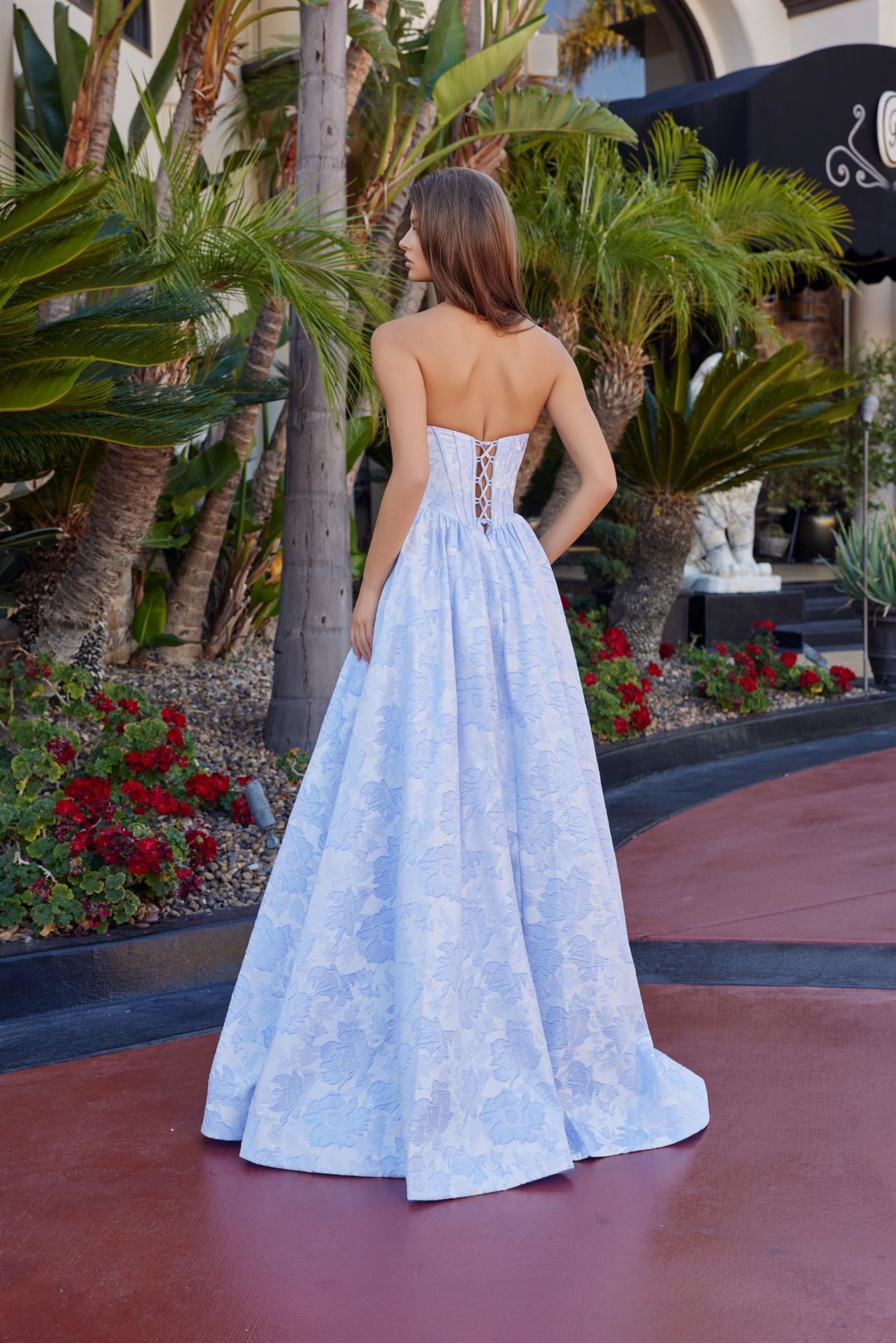 blue jacquard prom dress