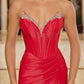 Shiny Satin Strapless Gown with Beaded Plunge, High Slit & Train | Formal Society