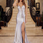 Satin Fitted V-Neck Prom Dress with Sequin Applique