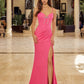 Stretch Satin V-Neck Gown with Boned Waistline & High Slit 