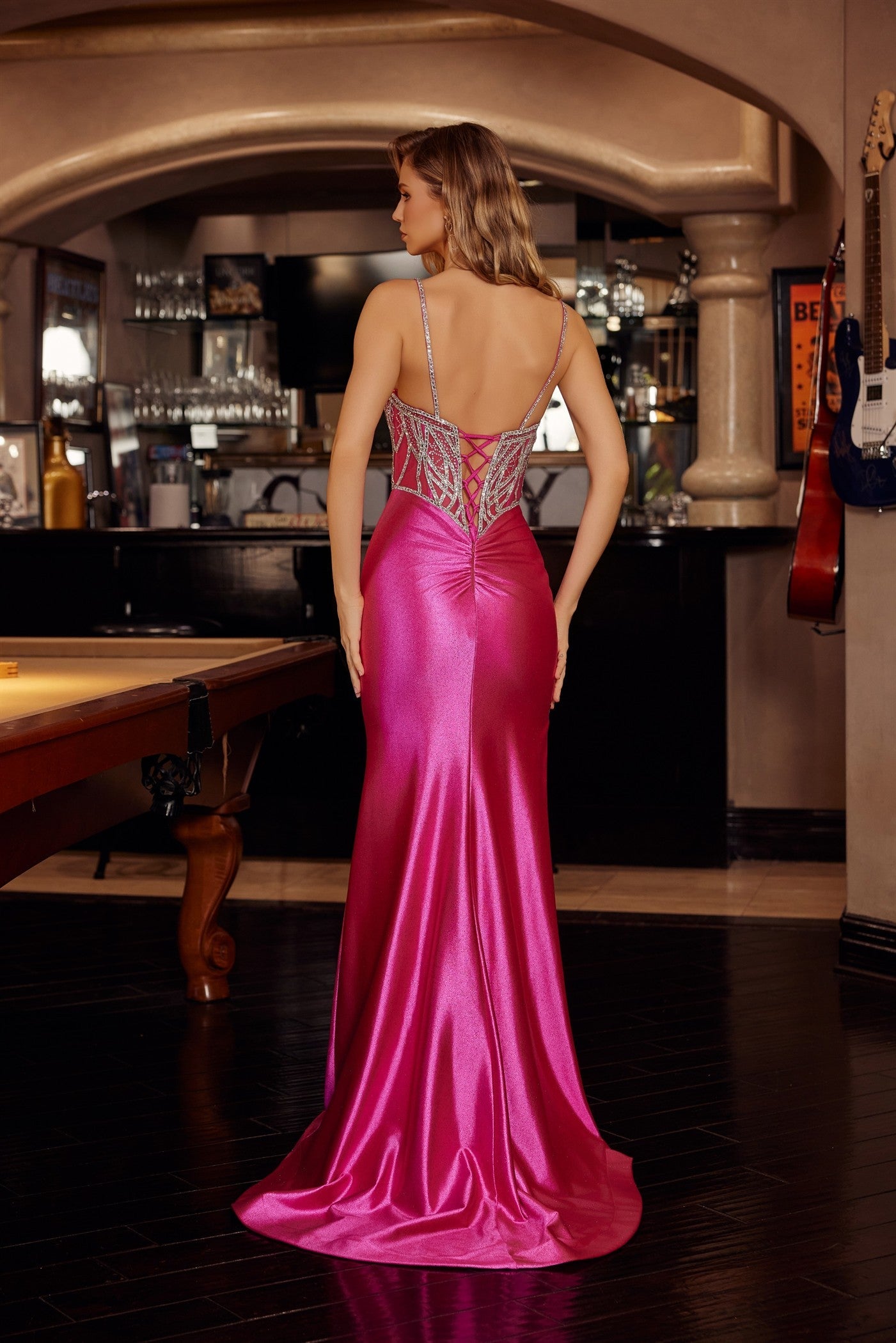 Fitted Shimmer Jersey Rhinestone Prom Dress