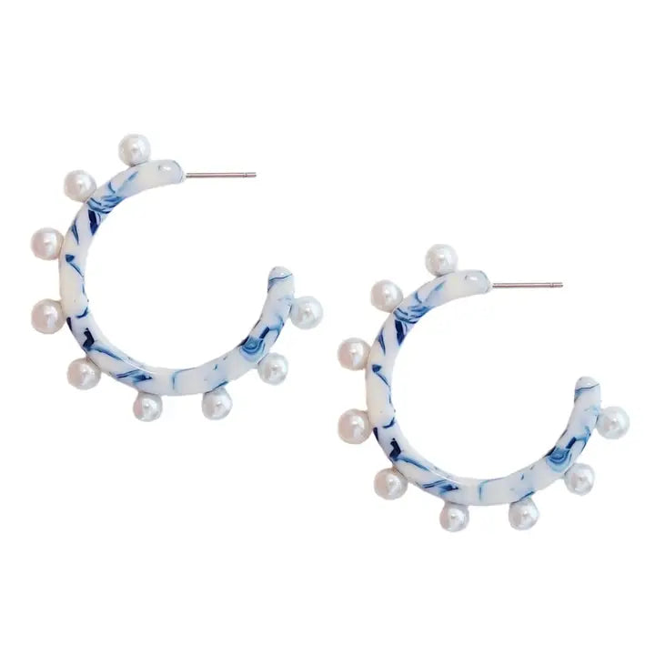 Blue White Pearl Hoop Earring-610 ACCESSORIES - EARRING-FORMAL SOCIETY