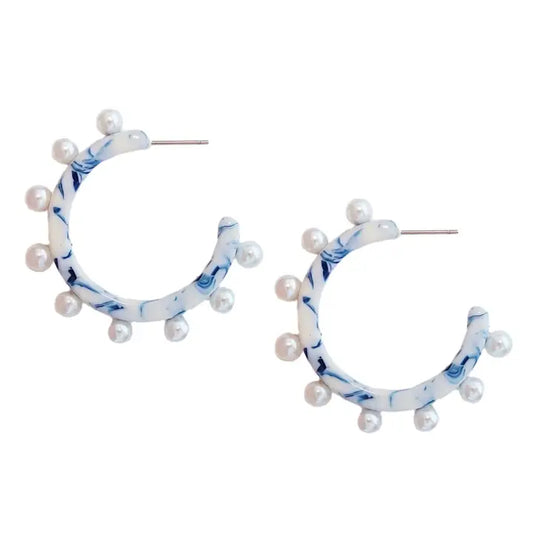 Blue White Pearl Hoop Earring-610 ACCESSORIES - EARRING-FORMAL SOCIETY