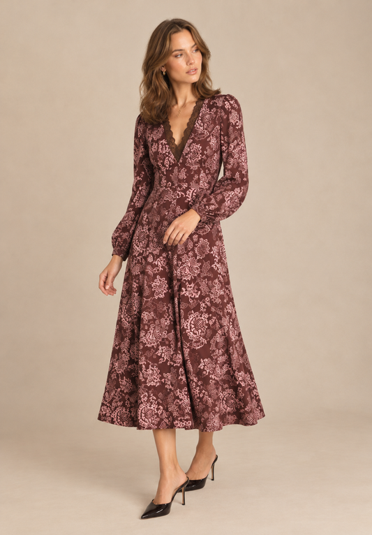 Floral Lace-Trim Midi Dress