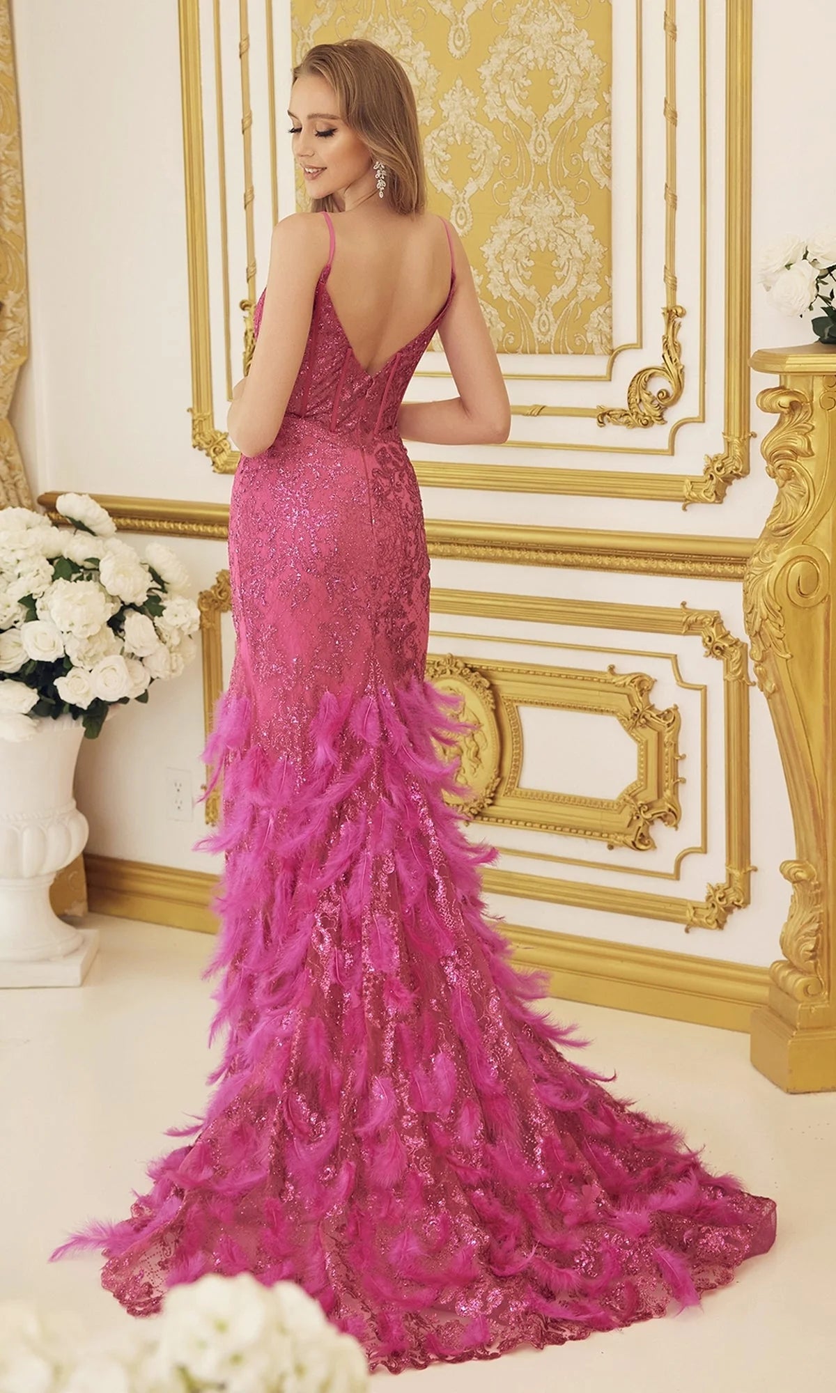 Glitter Prom Gown with Feathers