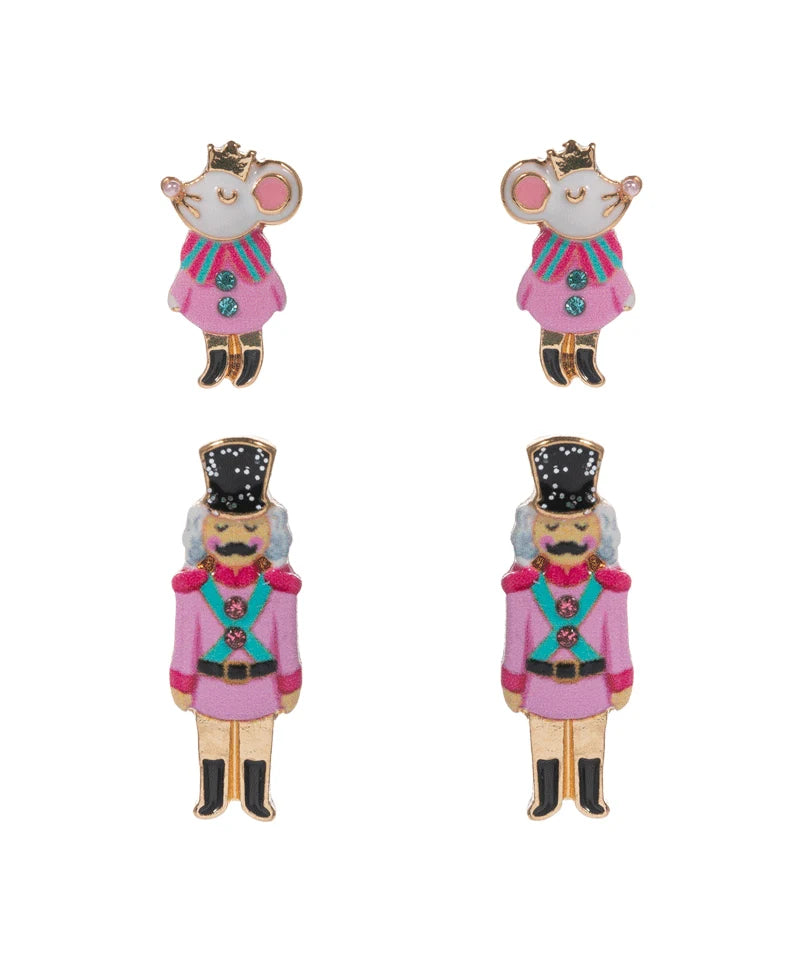 Pink Nutcracker & Mouse King Enamel Earring Set