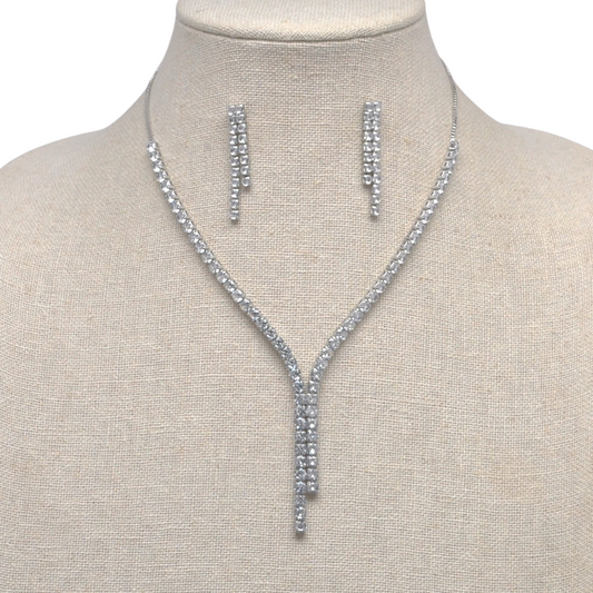 CZ 2 Line Necklace/Earring Set-610 ACCESSORIES - EARRING-FORMAL SOCIETY