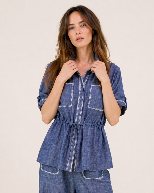 Contrast Stitch Chambray Peplum Shirt