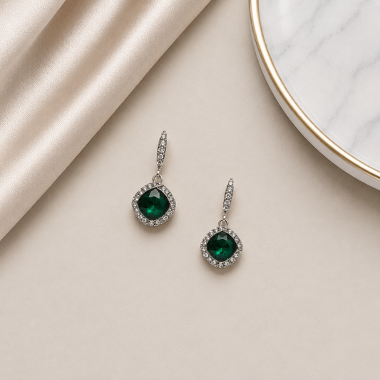 Square Drop Crystal Earring - Emerald/Silver