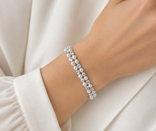 Double Wraparound Coil Rhinestone and Pearl Bracelet