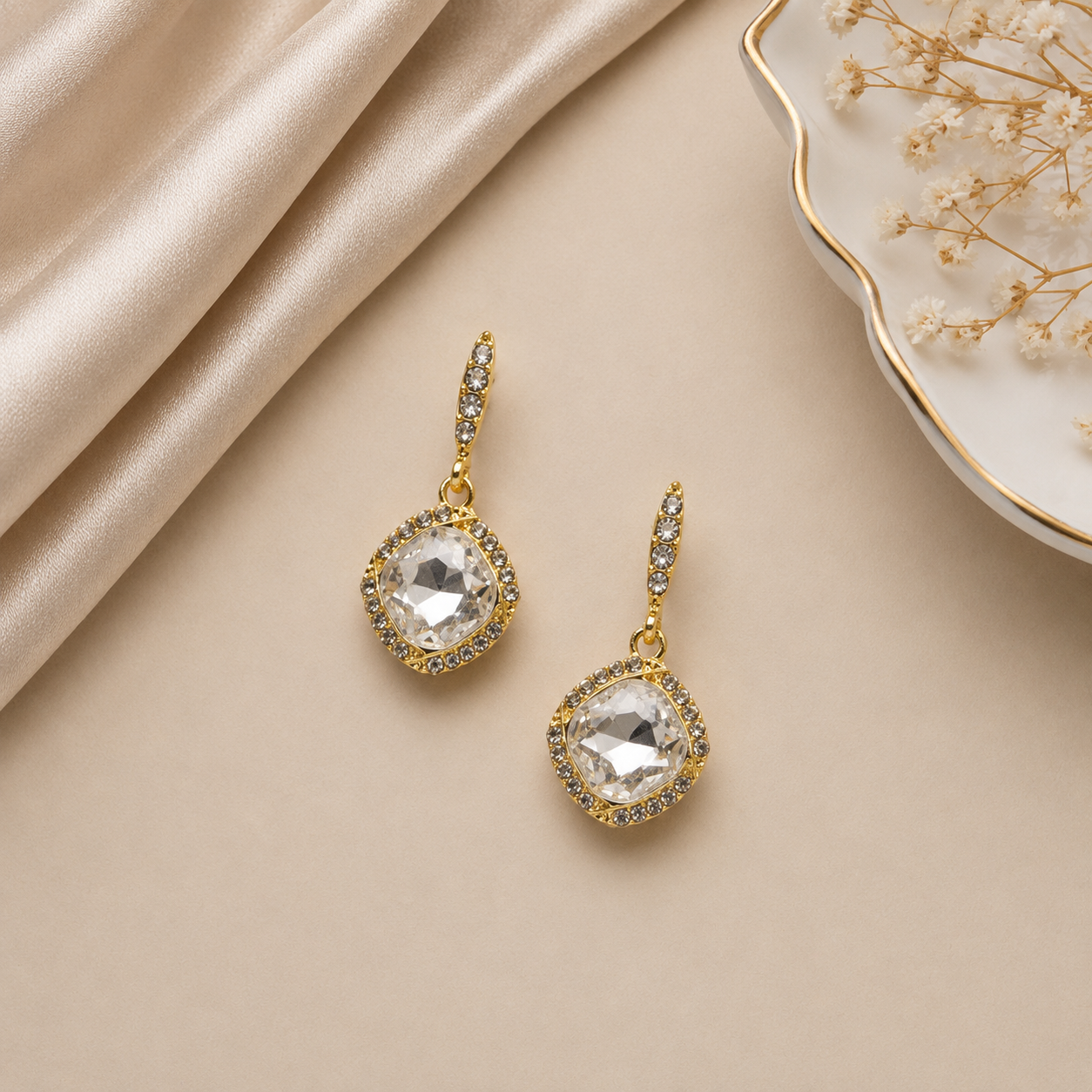 Square Drop Crystal Earring - Crystal/Gold