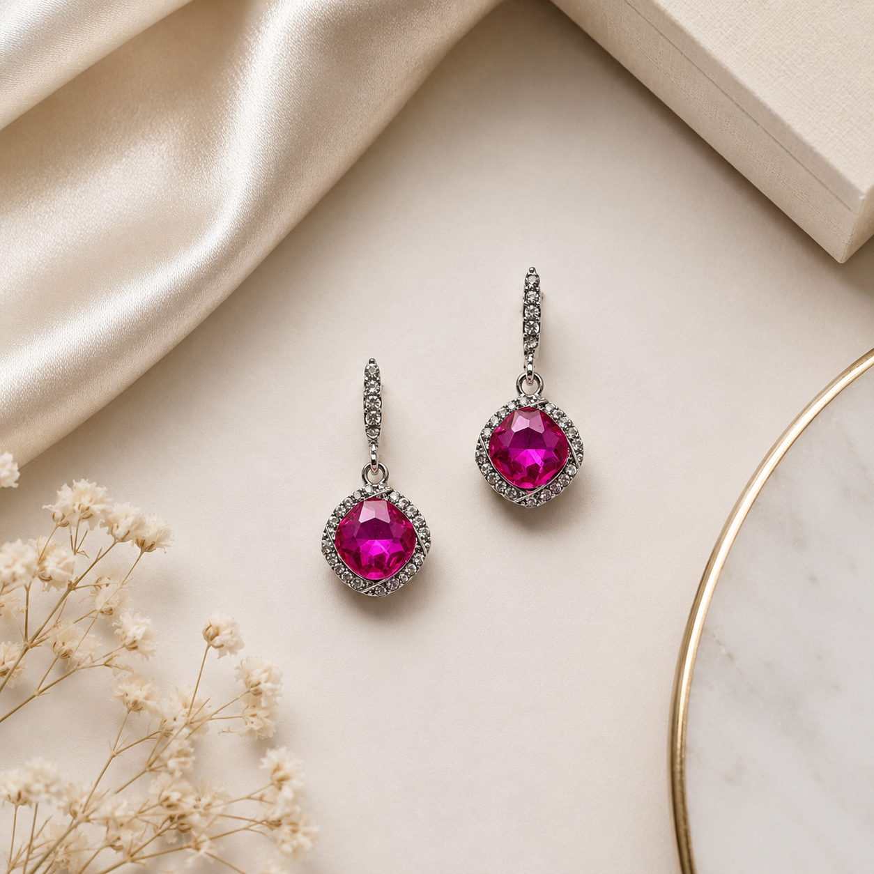 Square Drop Crystal Earring - Fuchsia/Silver