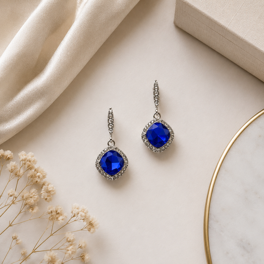 Square Drop Crystal Earring - Sapphire/Silver