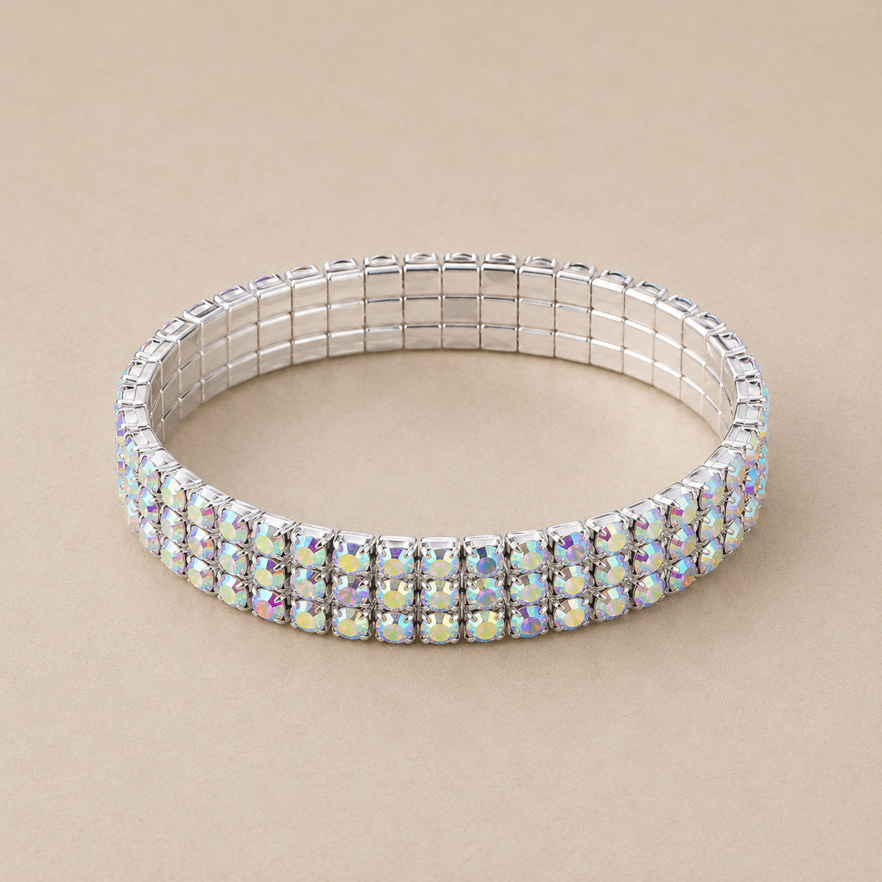3 Row Stretch Rhinestone Bracetlet - AB Silver