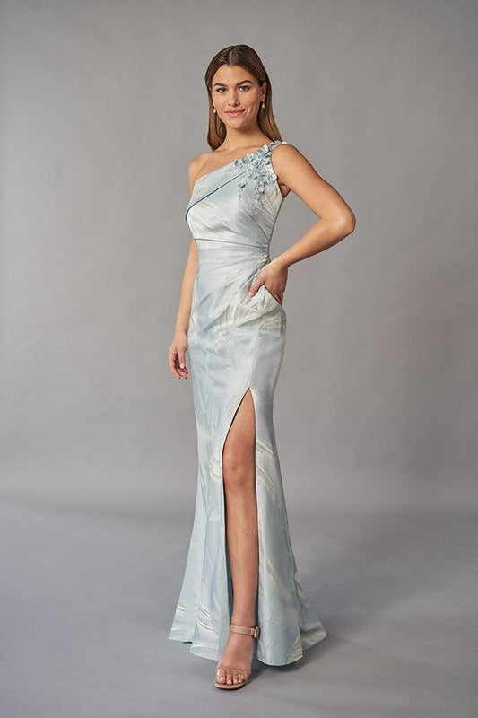 Elegant Frances Jacquard Fit and Flare Gown with Beaded One Shoulder and Folded Asymmetrical Band-999 FORMAL - MOB-FORMAL SOCIETY