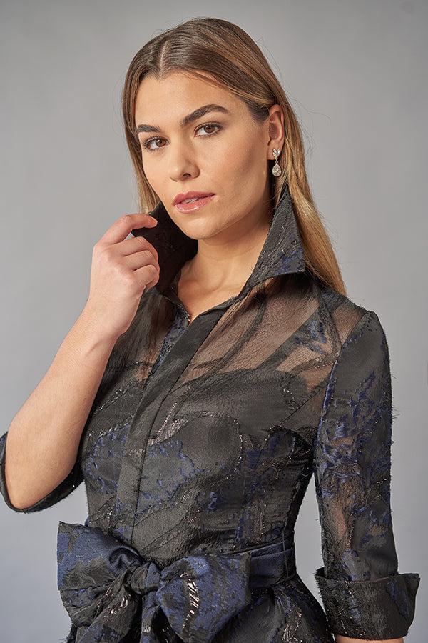 Elegant Jacquard Gown with Shirt Collar Neckline and Quarter Sleeves with Cuffs-999 FORMAL - MOB-FORMAL SOCIETY