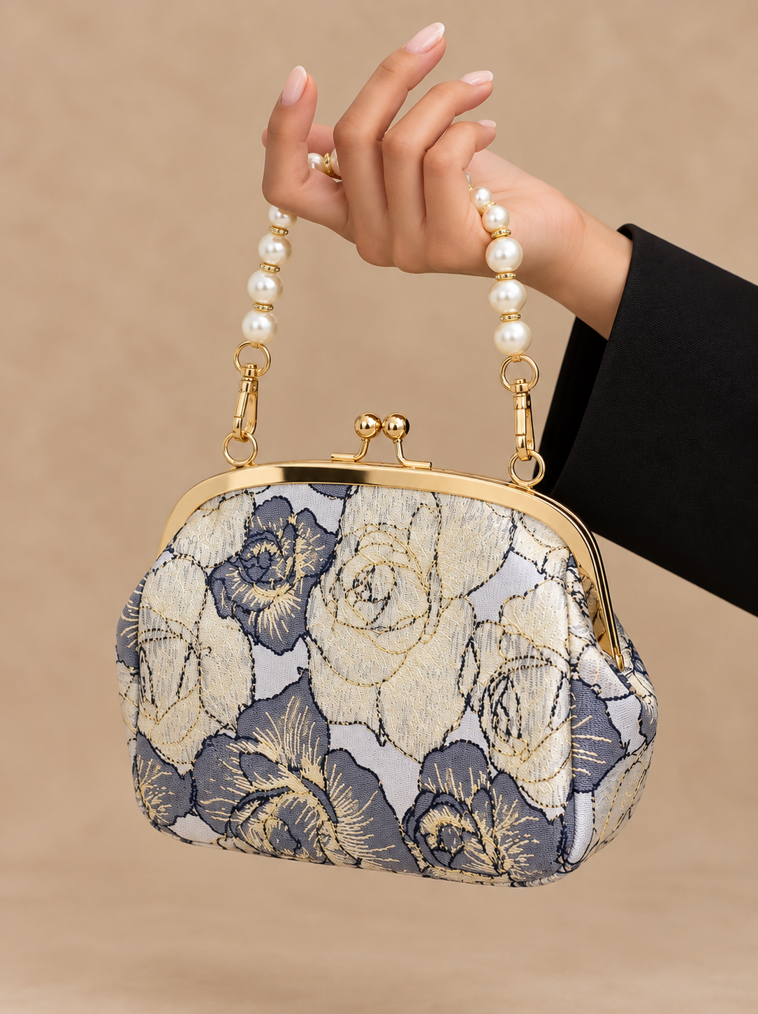 Navy Floral Pearl Brocade Evening Bag