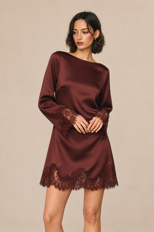 Satin & Lace Long Sleeve Mini Dress