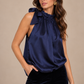 Satin Bow Tie Top - Navy