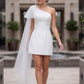 Satin One Shoulder Tulle Accent Mini Dress With Pearls
