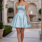 Strapless Pleated Satin A Line Mini Homecoming Dress
