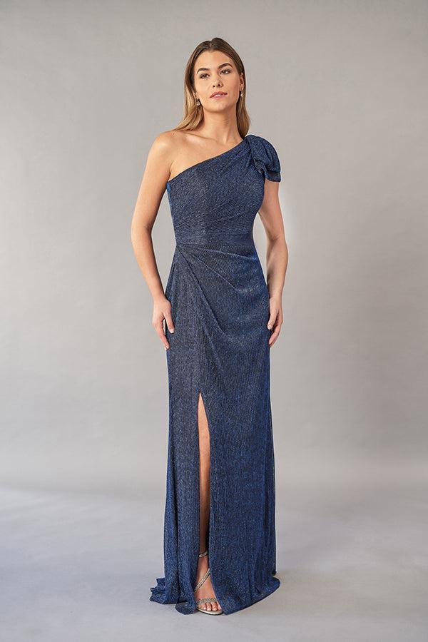Glamorous Metallic Pleated Chiffon Fit and Flare Gown with One Shoulder Design and Bow Sash-999 FORMAL - MOB-FORMAL SOCIETY