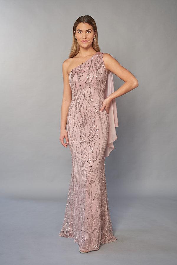 Head Turning Sequin Lace Fit and Flare Gown with One Shoulder Design and Chiffon Sash (Copy)-999 FORMAL - MOB-FORMAL SOCIETY