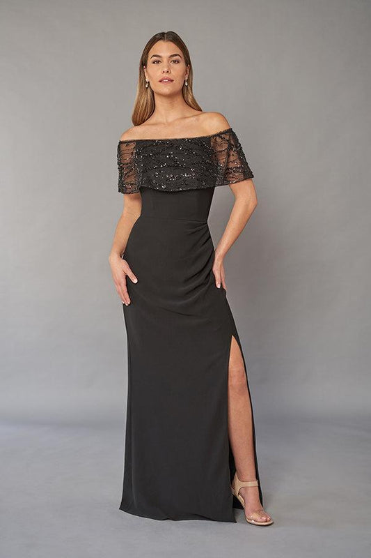 Impressive Sequin Lace and Soft Crepe Gown with Sparkly Portrait Neckline and Slimming Skirt-999 FORMAL - MOB-FORMAL SOCIETY