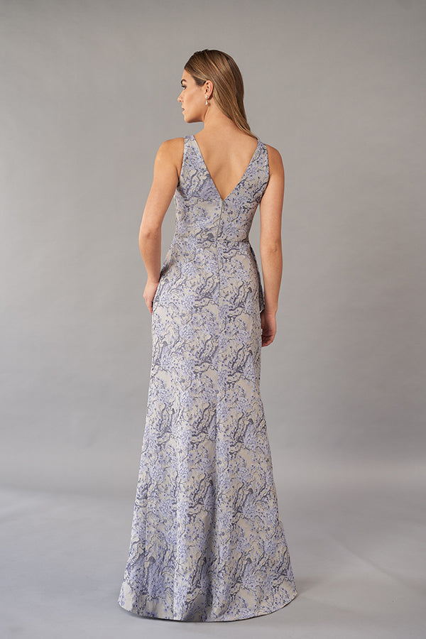 K268052 Stylish Florence Jacquard Fit and Flare Gown with Plunging V-Neckline and Fashion Forward Side Peplum