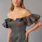 K268053 Gorgeous Fanny Metallic Jacquard Fit and Flare Gown with Off-The-Shoulder Ruffle Sleeves and Front V-Notch