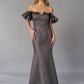 K268053 Gorgeous Fanny Metallic Jacquard Fit and Flare Gown with Off-The-Shoulder Ruffle Sleeves and Front V-Notch