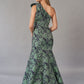 K268054 Chic Florence Jacquard Fit and Flare Gown with One Shoulder Neckline and Stylish Bow