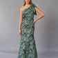 K268054 Chic Florence Jacquard Fit and Flare Gown with One Shoulder Neckline and Stylish Bow