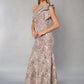 K268054 Chic Florence Jacquard Fit and Flare Gown with One Shoulder Neckline and Stylish Bow