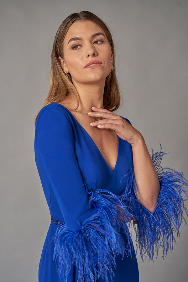 K268055 Exciting Soft Stretch Crepe A-line Gown with Feather Sleeves and High-Low Hemline