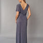 K268057 Captivating Metallic Stretch Jersey Gown with Draped Sleeve and Plunging V-Neckline