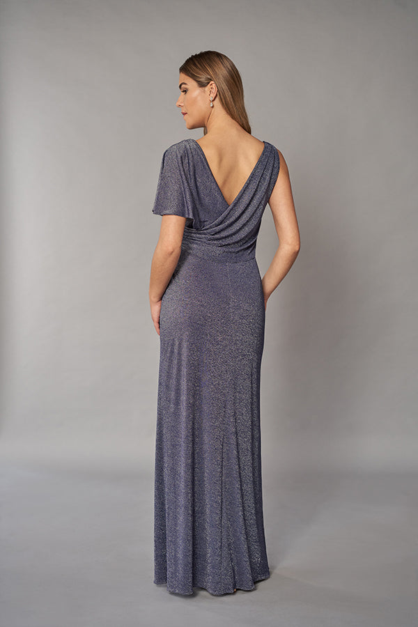 K268057 Captivating Metallic Stretch Jersey Gown with Draped Sleeve and Plunging V-Neckline