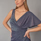 K268057 Captivating Metallic Stretch Jersey Gown with Draped Sleeve and Plunging V-Neckline