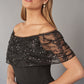 K268060 Impressive Sequin Lace and Soft Crepe Gown with Sparkly Portrait Neckline and Slimming Skirt