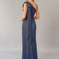 K260861 Glamorous Metallic Pleated Chiffon Fit and Flare Gown with One Shoulder Design and Bow Sash