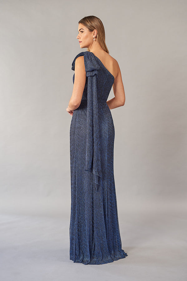 K260861 Glamorous Metallic Pleated Chiffon Fit and Flare Gown with One Shoulder Design and Bow Sash