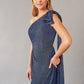 K260861 Glamorous Metallic Pleated Chiffon Fit and Flare Gown with One Shoulder Design and Bow Sash