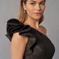 K268063 Dramatic Metallic Jacquard Ball Gown with Ruffle Shoulder Detail and Pockets