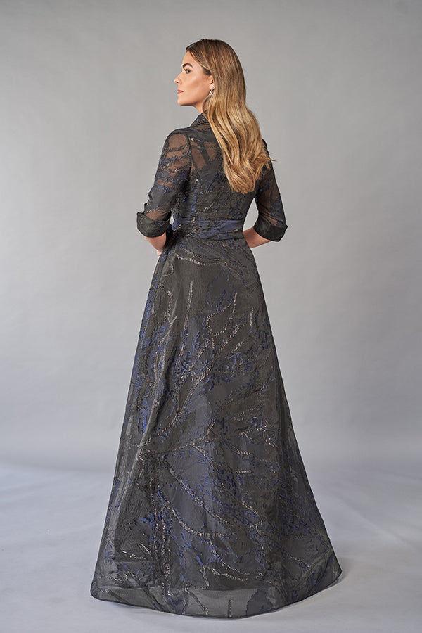 K268064 Elegant Jacquard Gown with Shirt Collar Neckline and Quarter Sleeves with Cuffs