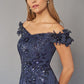 K268066 Glamorous Sequin Lace and Chiffon A-line Gown with Off-the-Shoulder Portrait Neckline and Flower Accents