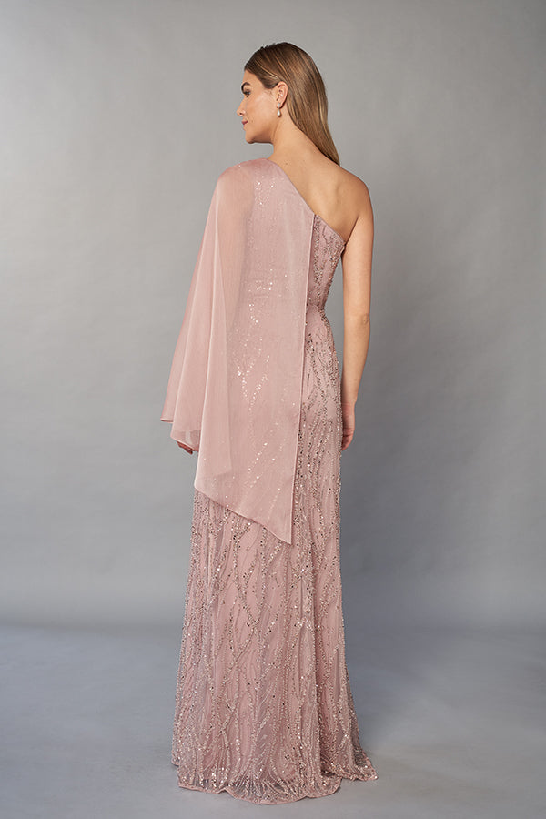 K268071 Head Turning Sequin Lace Fit and Flare Gown with One Shoulder Design and Chiffon Sash