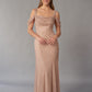 K268074 All Over Beaded Sequin Lace Fit and Flare Gown with Cowl Neckline and Off-the-Shoulder Draped Sleeves Paired with Wide Shoulder Straps