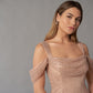 K268074 All Over Beaded Sequin Lace Fit and Flare Gown with Cowl Neckline and Off-the-Shoulder Draped Sleeves Paired with Wide Shoulder Straps