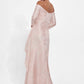 K278001 Elegant Off-the-Shoulder Frances Jacquard Fit and Flare gown with Portrait Neckline and Quarter Sleeves